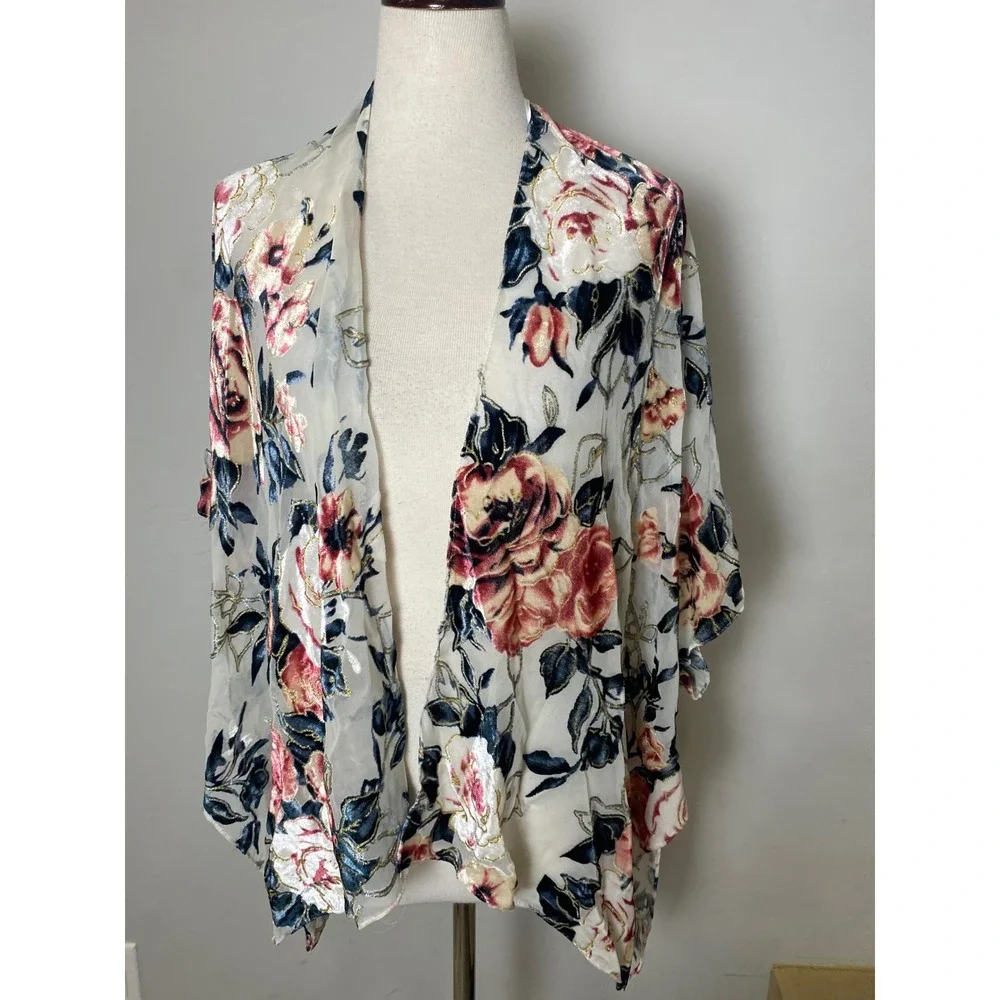 Vintage 90s Velvet Burnout Floral Kimono Wrap Gold Metallic Rose Sheer Cardigan